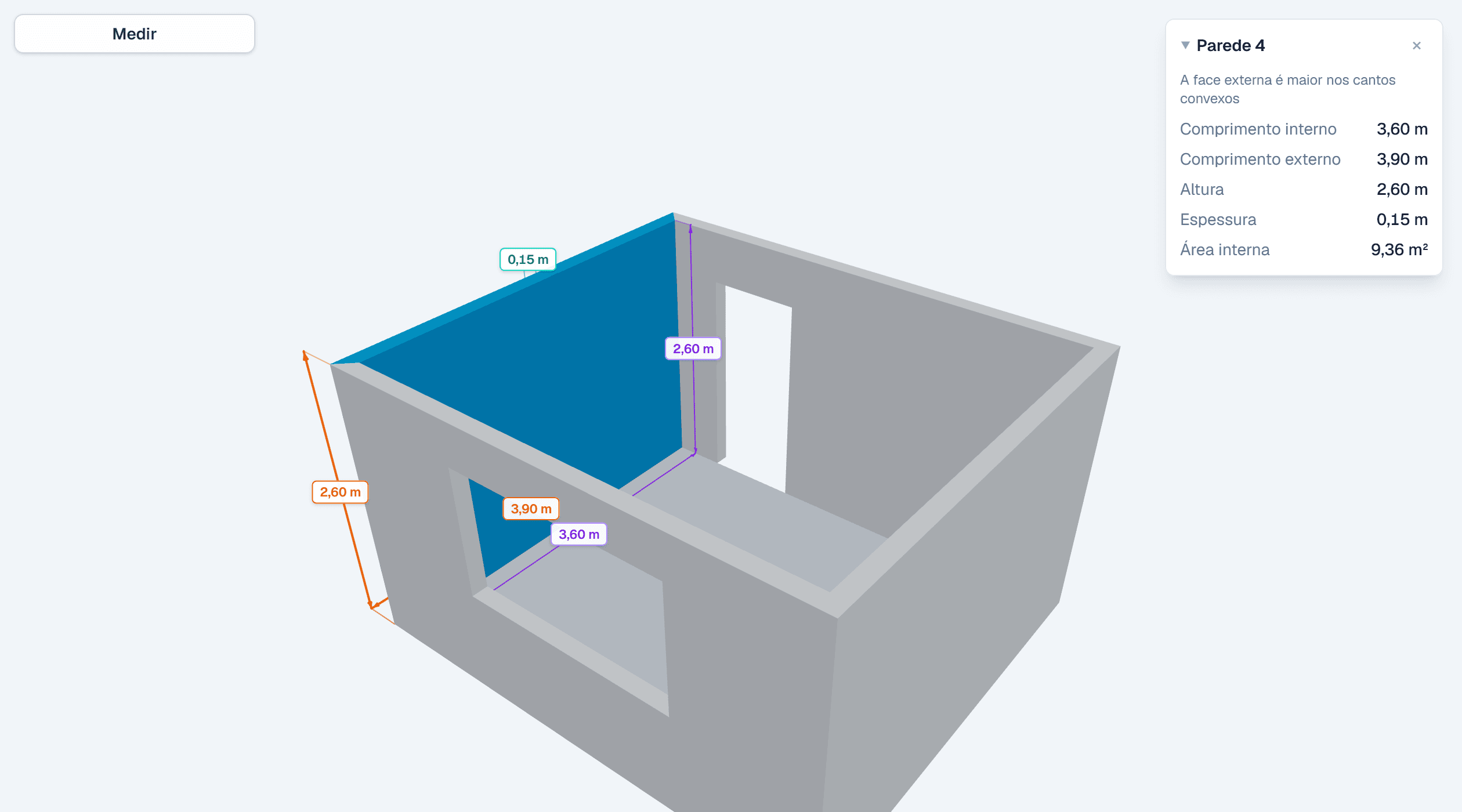 Modelo 3D de uma sala com uma parede selecionada. O painel mostra comprimento interno de 3,60 m, externo de 3,90 m, altura de 2,60 m, espessura de 0,15 m e área interna de 9,36 m².